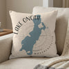 Pillow with blue map of Lake Onota, Massachusetts and compass graphic.