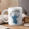 White mug with "Lake Pleasant Arizona" text, blue lake shape, and compass design.