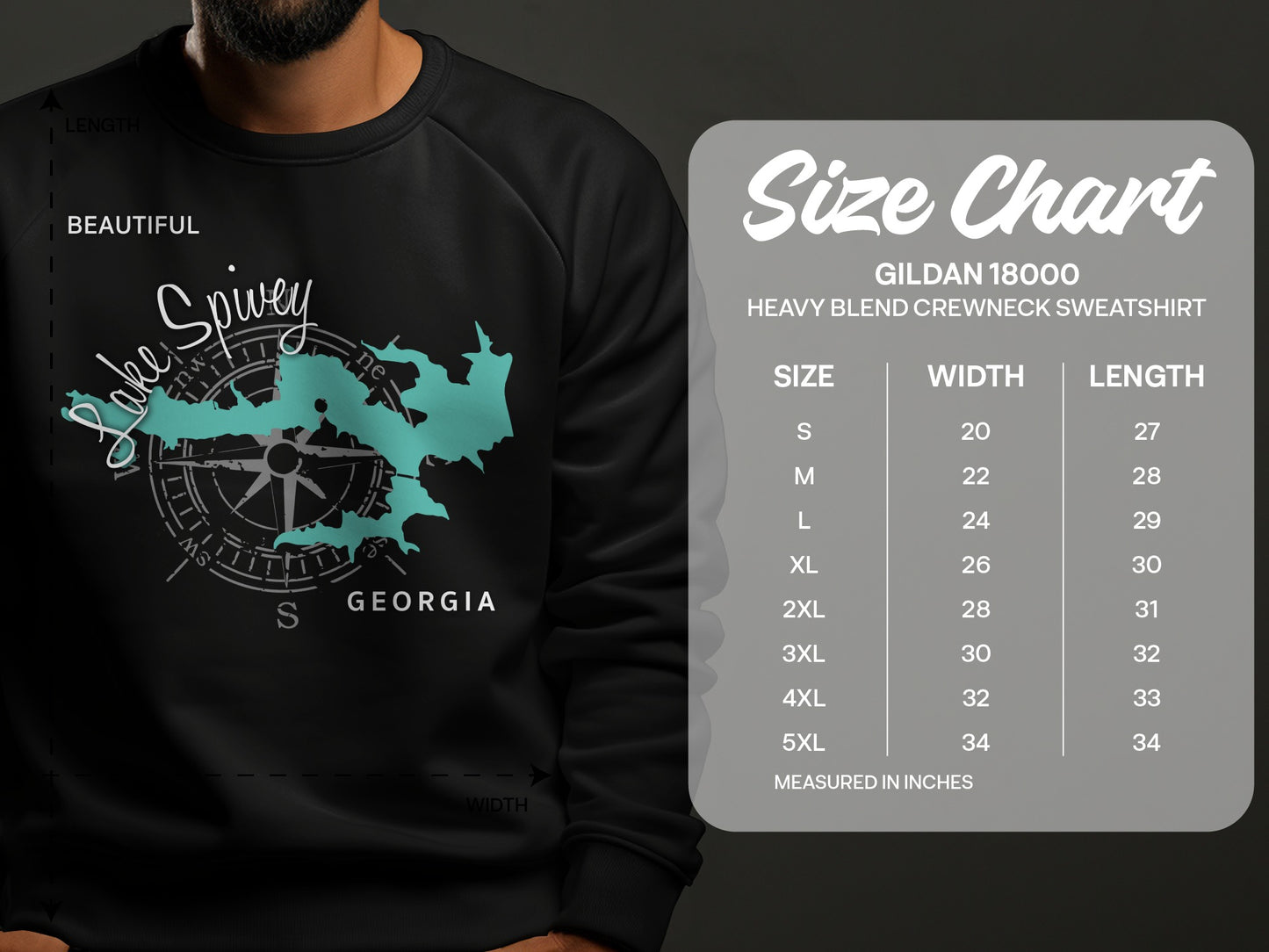 Gildan 18000 sweatshirt size chart with chest and body length measurements.