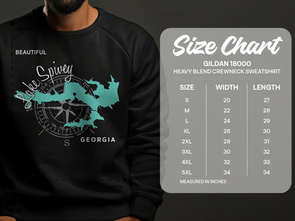 Gildan 18000 sweatshirt size chart with chest and body length measurements.