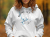 White hoodie with Mitchell Lake Alabama map and compass design.