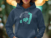 Dark blue hoodie with Auger Lake New York map and compass design.
