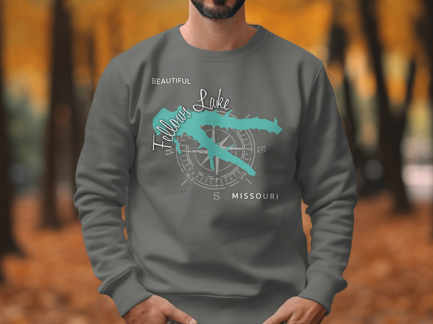Grey sweatshirt with "Beautiful Lake" and compass rose map of Missouri.
