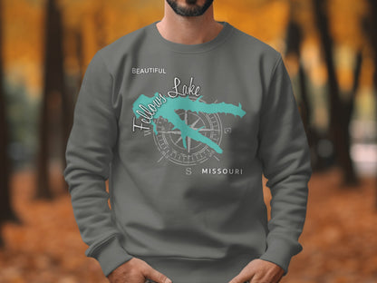 Grey sweatshirt with "Beautiful Lake" and compass rose map of Missouri.
