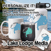 White mug, black tumbler, and white water bottle with "Lake Simcoe" map graphics.