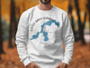 White sweatshirt with Little Saint Germain Lake Wisconsin map and compass design.