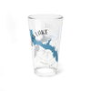 Clear glass pint glass with blue Bass Lake map and California text.