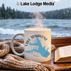 White mug with Lake Tawakoni Texas map and compass design on rainy window background.