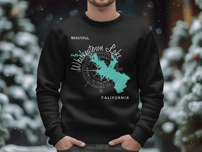 Black sweatshirt with a map of Whiskeytown Lake, California, and compass design.