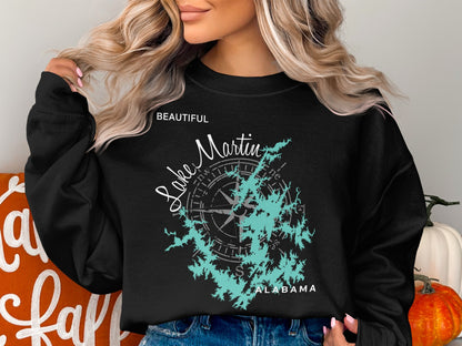 Black sweatshirt with "Beautiful Lake Martin Alabama" map and compass graphic.