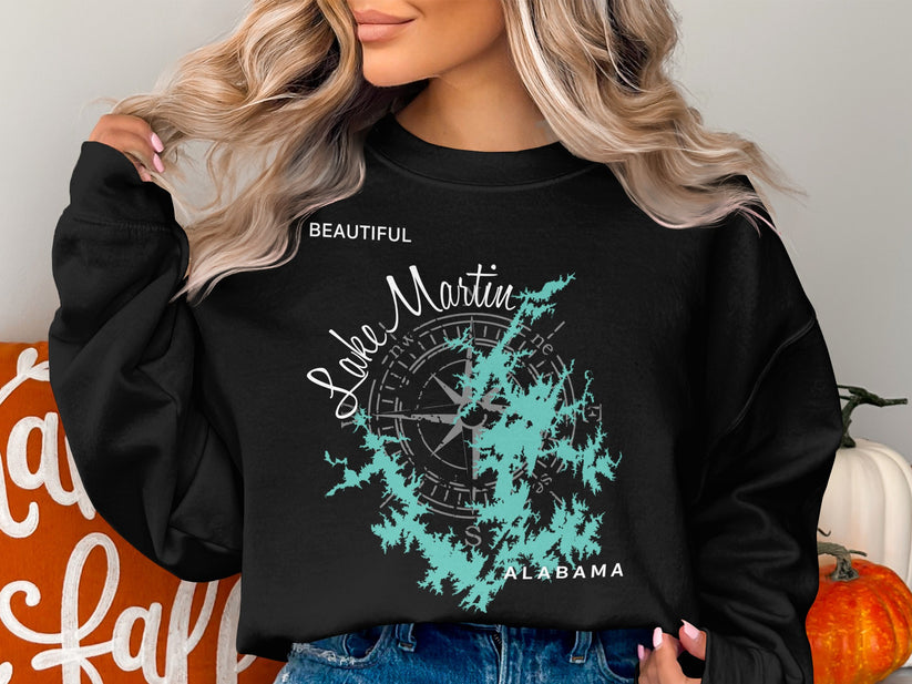 Black sweatshirt with "Beautiful Lake Martin Alabama" map and compass graphic.