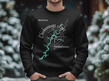 Black sweatshirt with "Chickamauga Lake TENNESSEE" and a compass design.