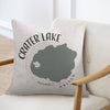 Crater Lake Oregon map design on a cream textured pillow.