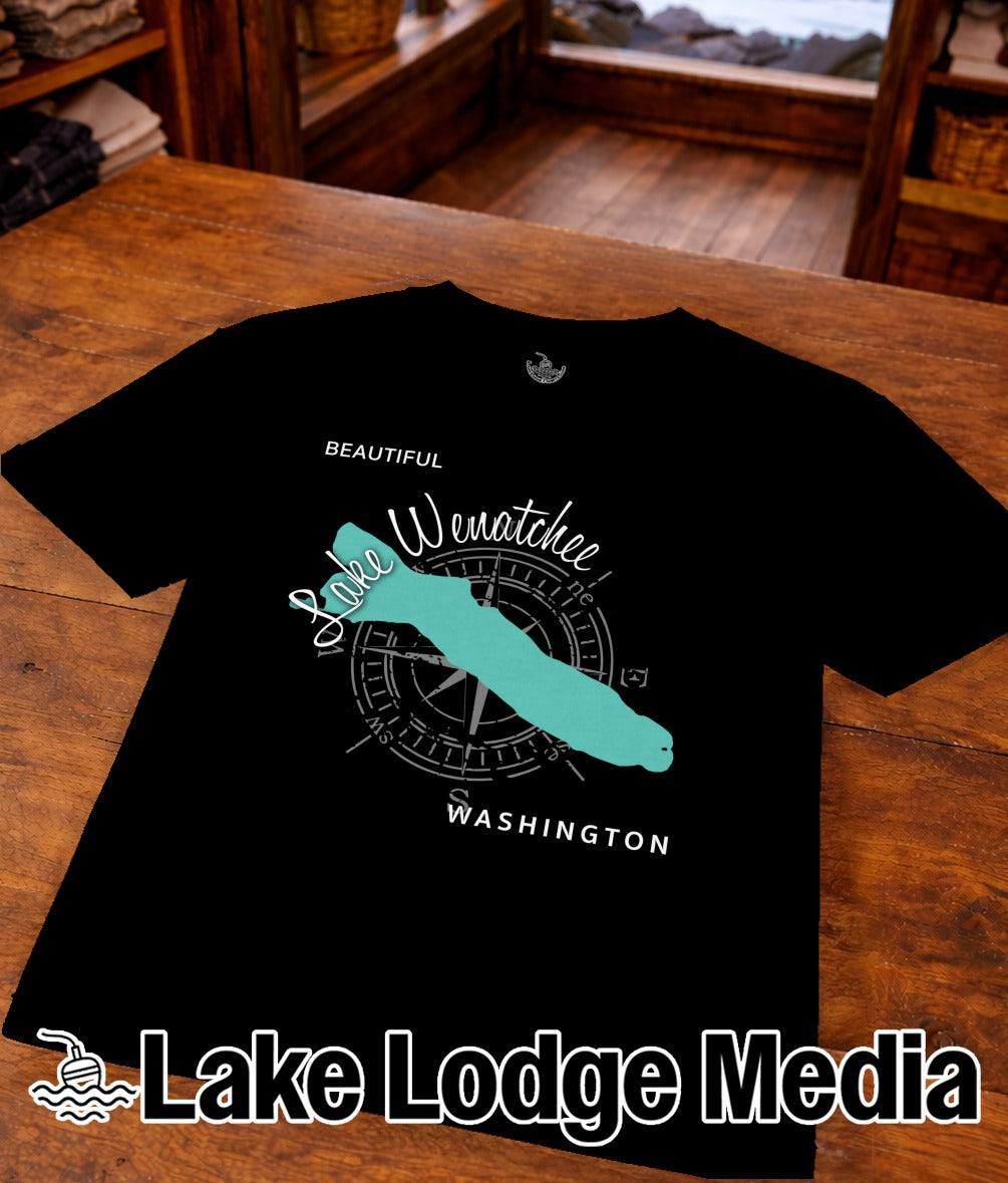 Black t-shirt with "Beautiful Wenatchee Lake Washington" and compass design.