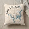 Pillow with a blue Lake Texoma map and compass rose design and "Lake Texoma Oklahoma" text.