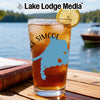 Glass of iced tea with a lemon slice, featuring a blue map of Lake Simcoe.