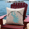 Light beige pillow with turquoise Lake Stanley Draper map and compass design.
