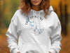 White hoodie with East Lynn Lake compass design and Virginia outline.