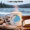 White mug with blue Lake Simcoe map and compass design.