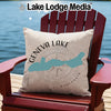 Geneva Lake Wisconsin map pillow on a red Adirondack chair.