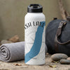 White water bottle with blue stripe and "ASH LAKE" text over compass design.