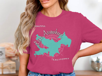 Teal map of Lake Arrowhead, California with compass rose on pink t-shirt.