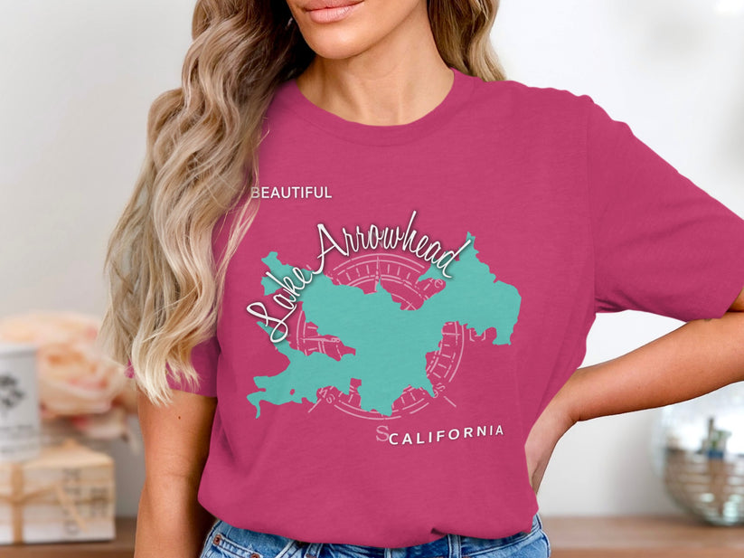 Teal map of Lake Arrowhead, California with compass rose on pink t-shirt.