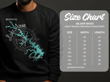 Crewneck sweatshirt with Lake Anna, Virginia graphic and size chart.