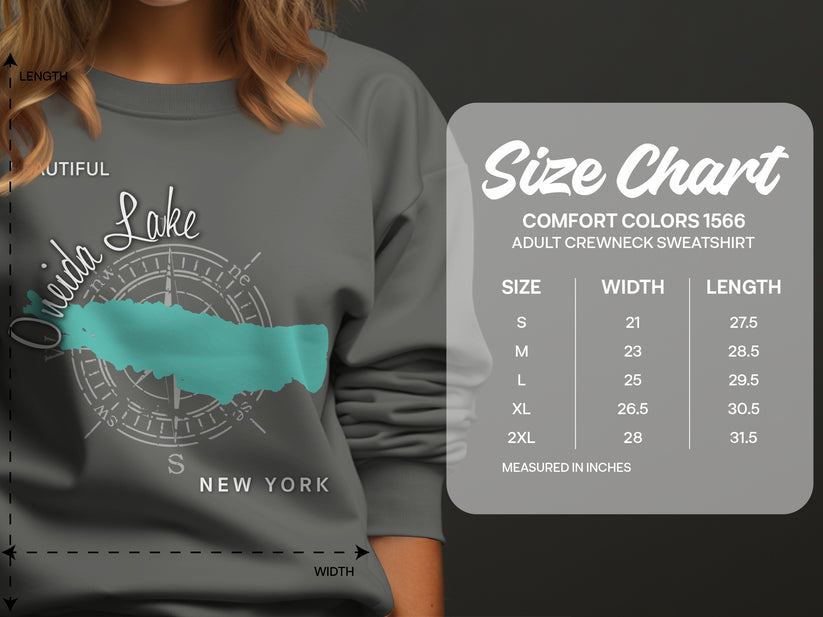 Size chart for Comfort Colors 1566 adult crewneck sweatshirt.
