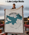 Woven throw blanket featuring Lake Arrowhead, California map and "Lake Lodge Media" logo.