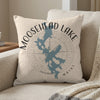 Pillow with Moosehead Lake Maine map, compass rose, and text.