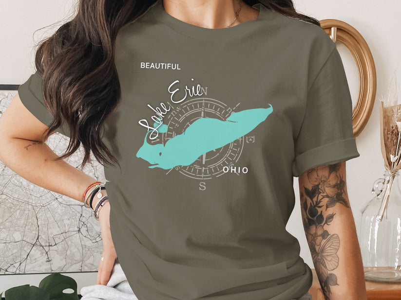 T-shirt with turquoise Lake Erie silhouette and compass rose graphic.
