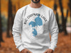 White sweatshirt with blue Big Chapman Lake, Indiana map graphic and compass.