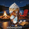 Iced coffee with whipped cream, lake map, fire pit, and s'mores supplies by night.