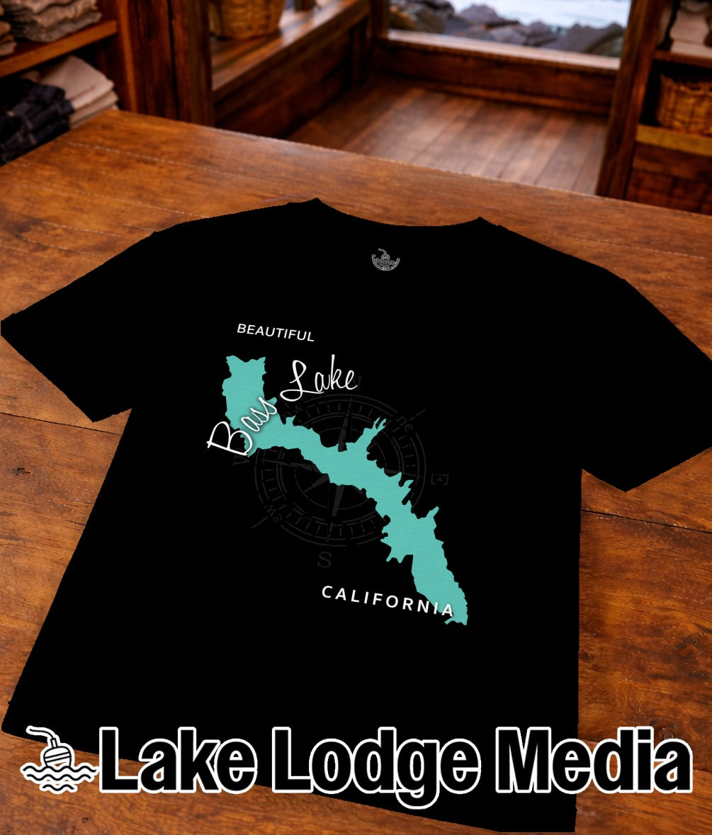 Black t-shirt with a teal map of Bass Lake, California and compass.