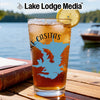Glass of iced tea with "Casitas" and a blue map graphic beside a book.