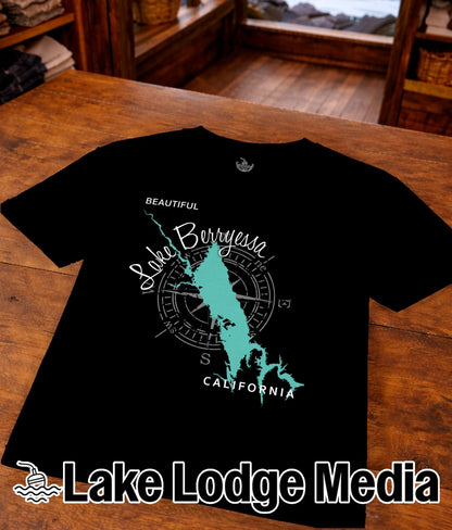 Black t-shirt with a teal map of Lake Berryessa and compass graphic.