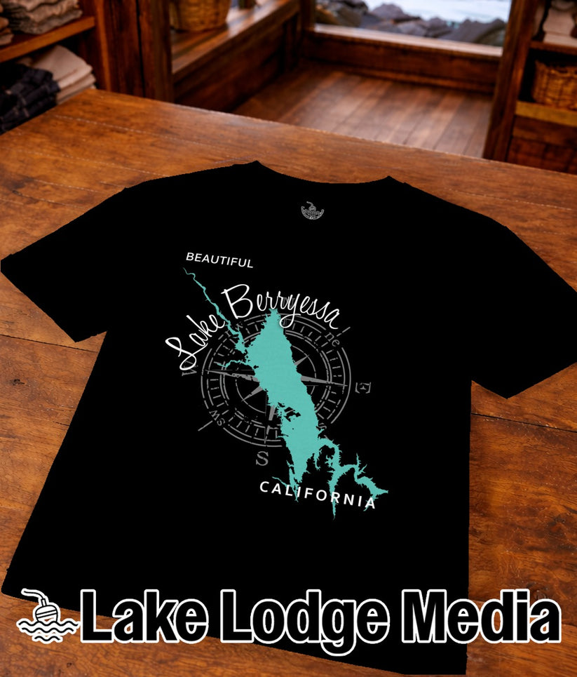 Black t-shirt with a teal map of Lake Berryessa and compass graphic.