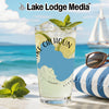 Glass of lemonade with lime and mint, "Lake Calhoun" map, and beach background.