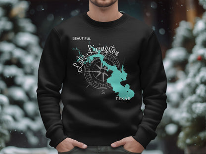 Black sweatshirt featuring a teal map of Lake Livingston, Texas, with a compass rose.