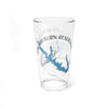 Clear glass pint glass with blue Sam Rayburn Reservoir map and compass design.