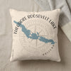 Pillow with blue Theodore Roosevelt Lake map, compass, and Arizona text.