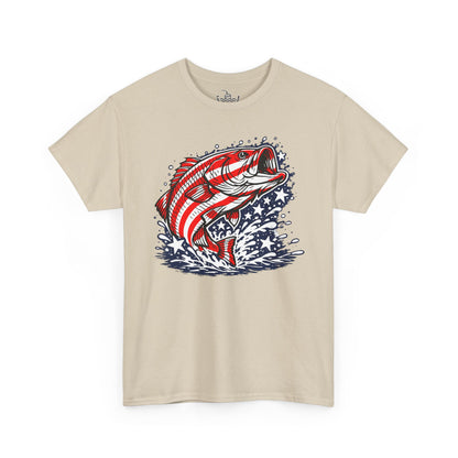 Patriotic Bass Fishing Shirt | American Flag Pride Design on Largemouth Bass with Stars and Stripes Tee for Fourth of July