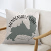 Pillow with Mendenhall Lake, Alaska map design and compass rose graphic.
