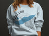 White sweatshirt with Lake Erie map and compass graphic.