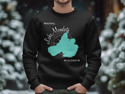 Black sweatshirt with a teal Lake Mendota map and compass design.
