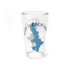 Clear glass pint glass with blue West Okoboji Lake map and compass design.