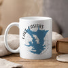 White mug with blue Lake Casitas California map and compass graphic.
