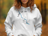 White hoodie with Lake Chelan, Washington map and compass design.