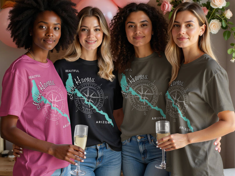 Four women in t-shirts with "Lake Havasu Arizona" compass design.